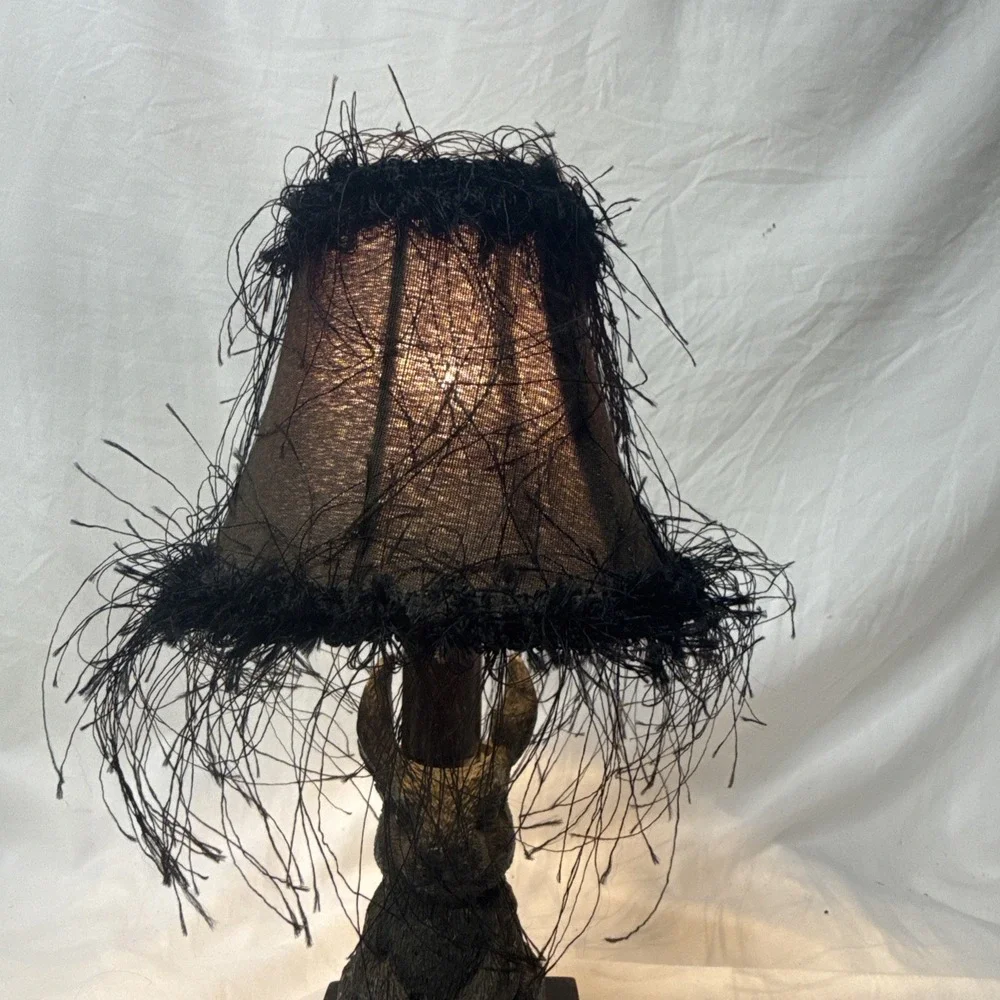 VTG Rabbit Table Lamp Bunny Base Fringe Shade Rustic Whimsy Cottage Goth Decor